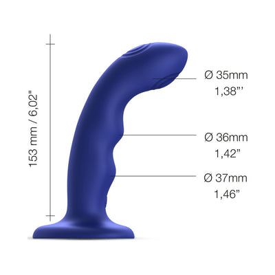 Blue curved silicone dildo with suction base, showing detailed measurements and diameter sizes.