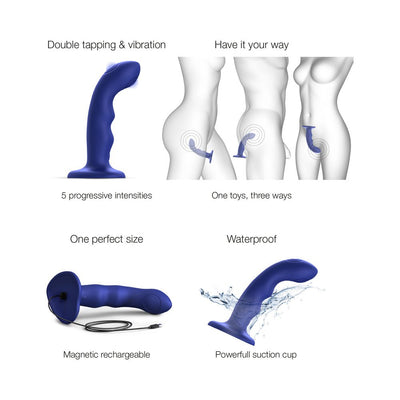 Blue curved strap-on dildo with double tapping and vibration, showing multiple use positions, magnetic charger, waterproof with suction cup base.