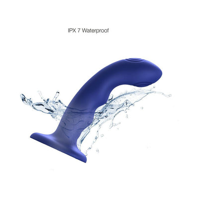 Blue curved waterproof tapping dildo with suction base and water splash effect on white background