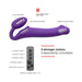 Purple strap-on with three independent motors for G-spot, clitoral, and vaginal stimulation, plus remote control with multiple modes.
