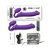 Purple XL vibrating bendable strap-on with remote, USB charging cable, storage pouch, and user manual.