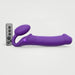 Purple silicone vibrating strap-on with three motors and a remote control for customizable pleasure.