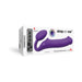 Packaging of Strap-on-me Vibrating 3 Motors Strap On XL in purple with remote control and product features displayed.