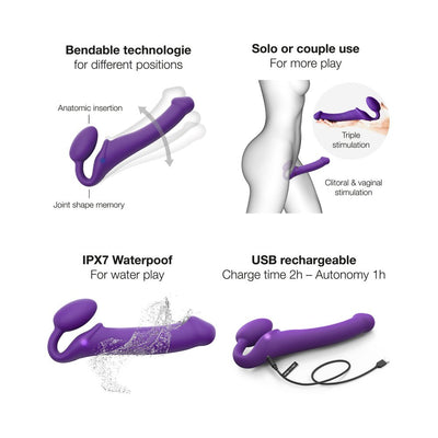 Purple bendable strap-on with dual stimulation, waterproof design, and USB rechargeable feature shown with usage and charging details.