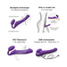 Purple bendable strap-on with dual stimulation, waterproof design, and USB rechargeable feature shown with usage and charging details.