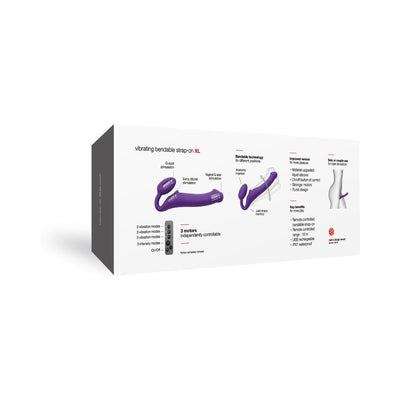Packaging box of Strap-on-me Vibrating 3 Motors Strap On XL in purple showing product features and remote control details.