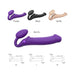 Three strap-on vibrators in purple, black, and vanilla colors, shown in XL size with size diagrams for M, L, and XL.