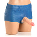 Blue silicone booty shorts with attached realistic flesh-toned strap-on dildo on mannequin hips.