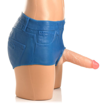Blue skin-tight booty shorts with a realistic silicone strap-on dildo attached, displayed on a mannequin torso.