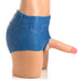 Blue skin-tight booty shorts with a realistic silicone strap-on dildo attached, displayed on a mannequin torso.