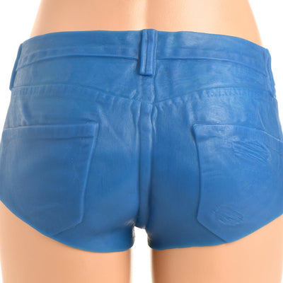 Close-up of blue silicone booty shorts with realistic jean pocket details on a mannequin.
