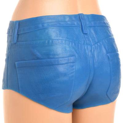 Blue silicone booty shorts with realistic jean pocket details displayed on a mannequin from the back.