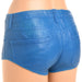 Blue silicone booty shorts with realistic jean pocket details displayed on a mannequin from the back.