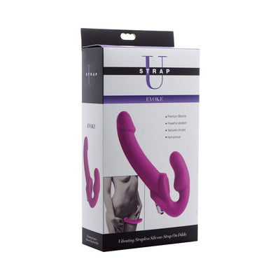 Packaging box of Strap U pink vibrating strapless silicone strap-on dildo with product image and features listed.