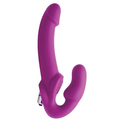 Purple silicone strapless vibrating dildo with curved design and textured clitoral stimulator.
