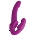 Pink silicone strapless vibrating dildo with curved dual ends and textured clitoral stimulator.