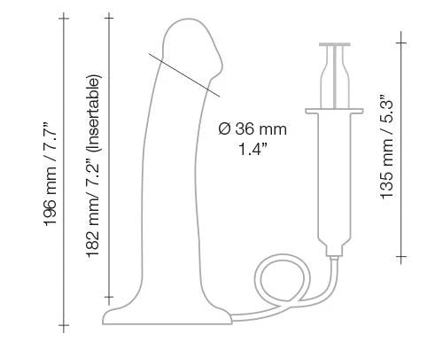 Diagram of a flesh-colored silicone dildo with measurements and attached syringe for fluid injection.