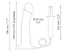 Diagram of a flesh-colored silicone dildo with measurements and attached syringe for fluid injection.
