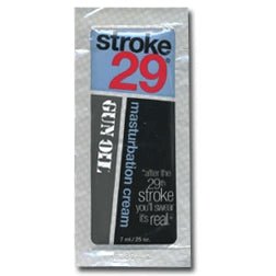 Single-use sachet of Stroke 29 Masturbation Cream with gray, black, and red packaging design.