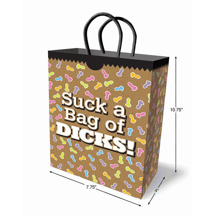 Brown gift bag with colorful playful shapes and bold white text saying Suck a Bag of Dicks, with black woven handles and size dimensions shown.