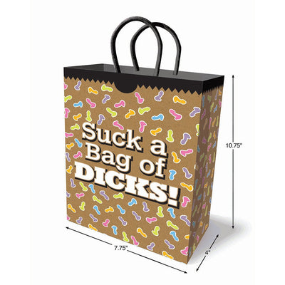 Brown gift bag with colorful playful shapes and bold white text saying Suck a Bag of Dicks, with black woven handles and size dimensions shown.