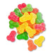 Colorful sugar-coated gummy candies in playful shapes, assorted in red, green, yellow, and orange hues on a white background.