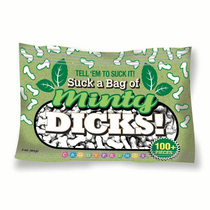 Green bag of Suck a Bag of Minty Dicks breath mints with playful mint leaf graphics and over 100 pieces inside.