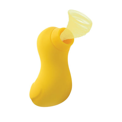 Yellow duck-shaped clitoral stimulator with a soft silicone suction tip and ergonomic design.