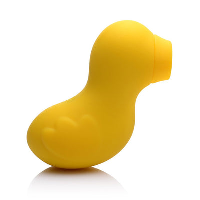 Yellow duck-shaped clitoral stimulator with ergonomic design and silicone finish on white background.