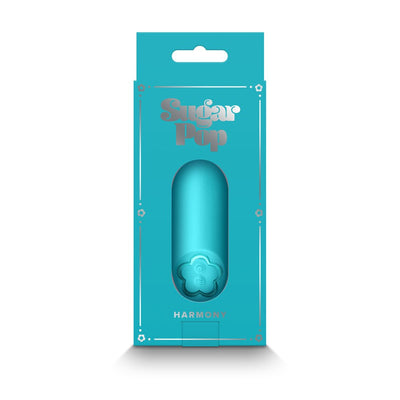 Teal Sugar Pop Harmony mini bullet vibrator in sleek packaging with flower-shaped power button visible.