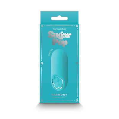 Teal Sugar Pop Harmony mini bullet vibrator in branded packaging with floral design and silver lettering.