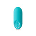 Teal mini bullet vibrator with smooth silicone finish and flower-shaped control button on white background.
