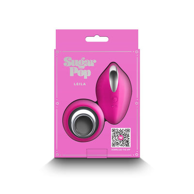 Sugar Pop Leila panty vibrator in pink with remote control displayed in pink retail packaging with QR code.