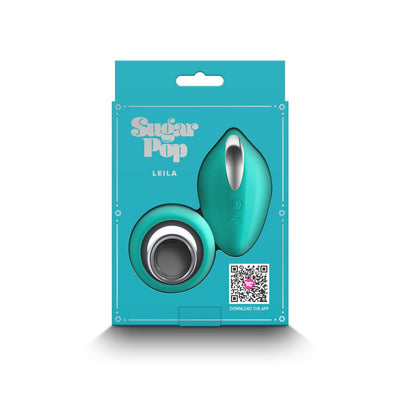 Sugar Pop Leila panty vibrator in teal with remote control, displayed in branded packaging with app download QR code.