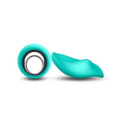 Teal Sugar Pop Leila panty vibrator shown from top and side views on a white background.