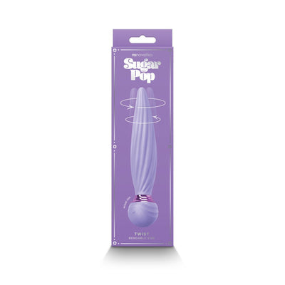 Purple Sugar Pop Twist gyrating vibrator in sleek packaging with twist motion illustration and rounded base detail.