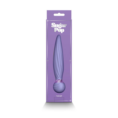 Purple Sugar Pop Twist gyrating vibrator with textured shaft in matching purple packaging.