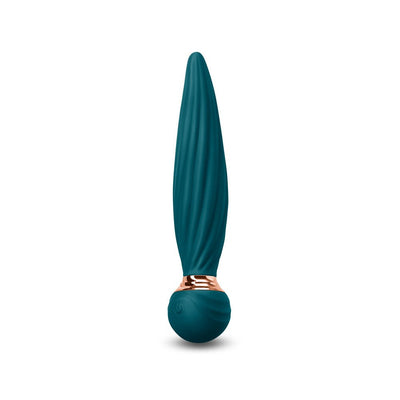 Teal silicone Sugar Pop Twist Gyrating Vibrator with textured shaft and rose gold accent on rounded base.