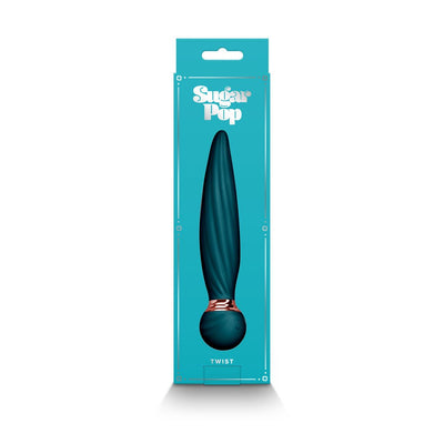 Teal Sugar Pop Twist gyrating vibrator with textured shaft and rose gold accent in branded turquoise packaging.