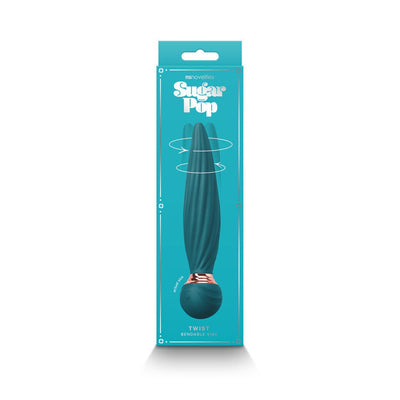 Teal Sugar Pop Twist gyrating vibrator in sleek packaging with rose gold accent and twist motion illustration.