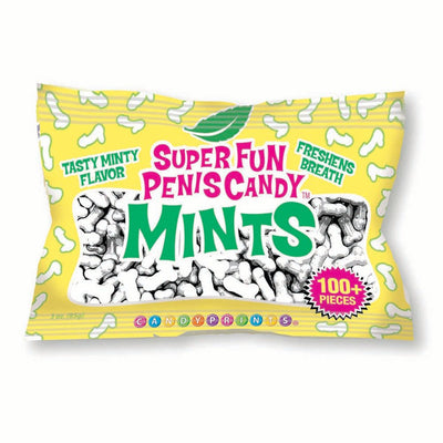 Yellow bag of Super Fun Penis Candy Mints with over 100 mint pieces, featuring playful packaging and minty flavor claims.
