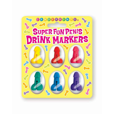 Six colorful novelty drink markers in playful shapes on a yellow card with bold party-themed packaging.