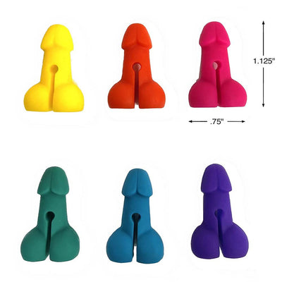 Six colorful silicone drink markers shaped like playful miniatures, each measuring about 1.125 by 0.75 inches.