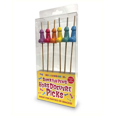 Package of six colorful novelty bamboo appetizer picks with playful tops in rainbow colors.
