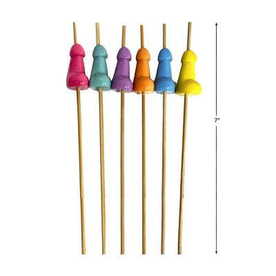 Set of six colorful bamboo appetizer picks with playful novelty tops, each measuring 7 inches long.