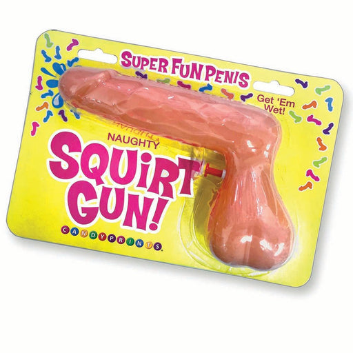 Packaging of a novelty squirt gun shaped like a playful penis, labeled Super Fun Penis Naughty Squirt Gun.