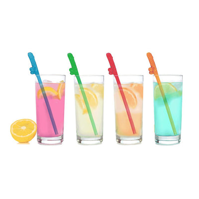 Four tall glasses with colorful iced drinks and multicolor novelty party straws, each straw shaped with a playful design at the top.