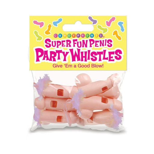 Pack of six novelty party whistles shaped like playful pink figures with feathered ends in clear packaging.