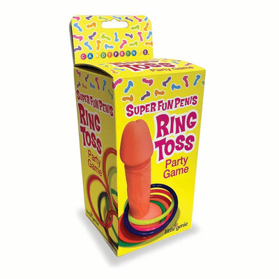 Bright yellow box packaging for Super Fun Penis Ring Toss party game with colorful rings and playful design.