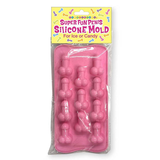 Pink silicone mold with 11 playful novelty cavities for ice or candy, packaged with colorful label.